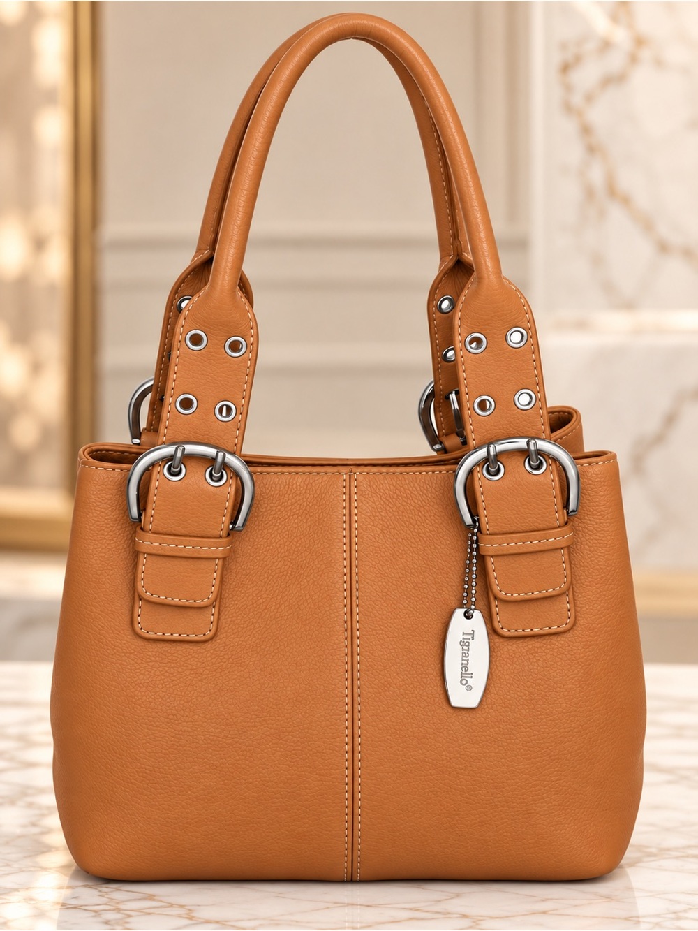 Tignanello Tan Pebbled Leather Buckle Tote Shoulder Bag Satchel Purse